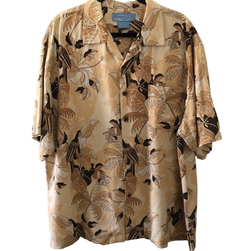 Bermuda Bay 100% Silk Floral Toucan Print Hawaiian Shirt Sz XL Brown Button Up - Picture 8 of 9